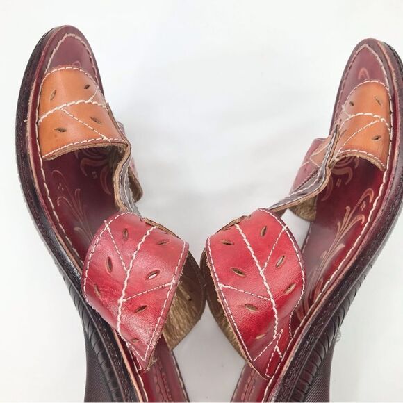 Spring Step AZALEA Red Brown Laser Cut Leaf Whimsical Wedge Heel Open Toe Sandal - Picture 11 of 15